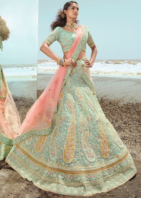 Turquoise Embellished Lehenga Set Design by Aisha Rao at Pernia's Pop Up  Shop 2024