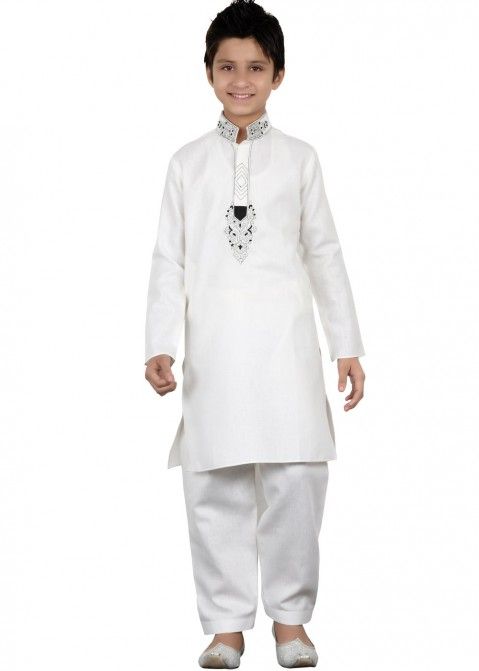 Readymade White Linen Cotton Kids Kurta Pajama