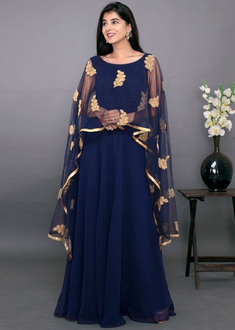 Saree Attached Dupatta Drapping Gown - Punjabi Suits Australia