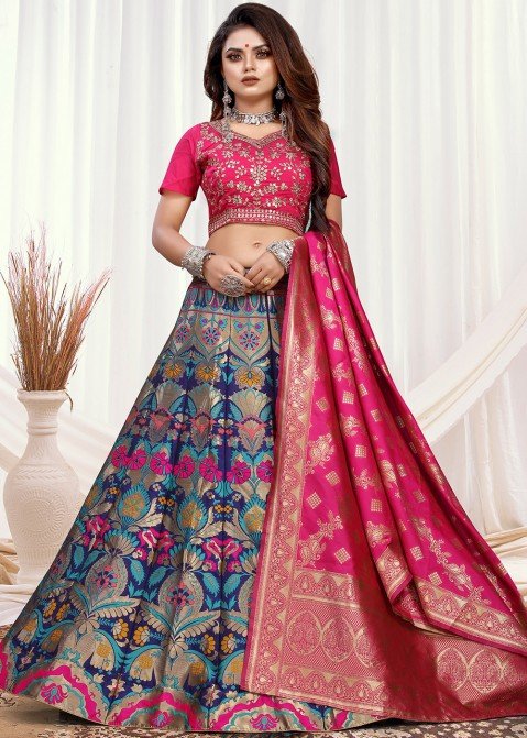 Buy Art Silk Hot Pink And Navy Blue Lehenga Choli | Wedding Lehenga Choli