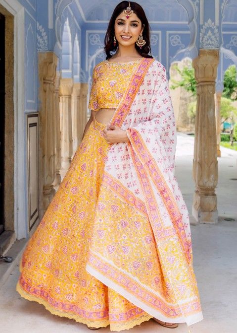 Buy Canary Yellow Sleeveless Georgette Lehenga & Crop Top Set with Floral  Print & Embroidery