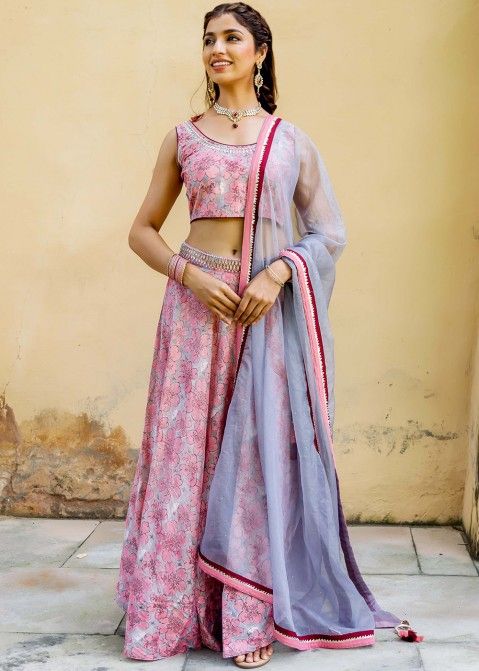 Buy Light Pink Embroidered Lehenga With Bhandhej Print Dupatta Online in  USA – Pure Elegance