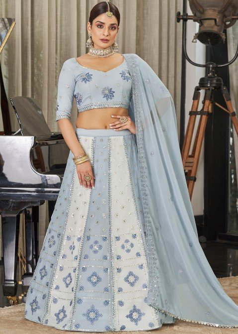 Blue and White Floral Lehenga | KYNAH USA | Indian outfits lehenga, Indian  outfits, Indian designer outfits