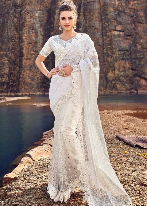Off White Saree Sari Indian Chiffon Wedding Pakistani Sequin Embroidery Fabric 