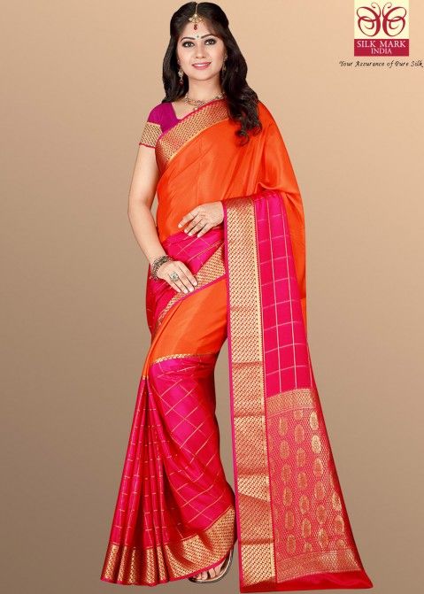Buy Art Silk Orange and Rose Pink Traditional Designer Saree Online