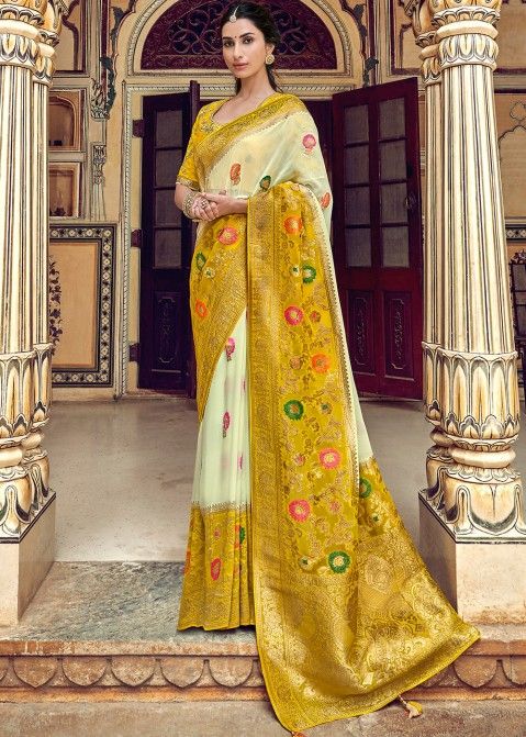Off White Silk Woven Saree With Blouse