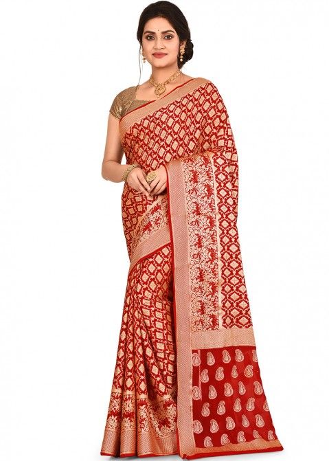 Red Woven Bridal Indian Silk Saree With Blouse 