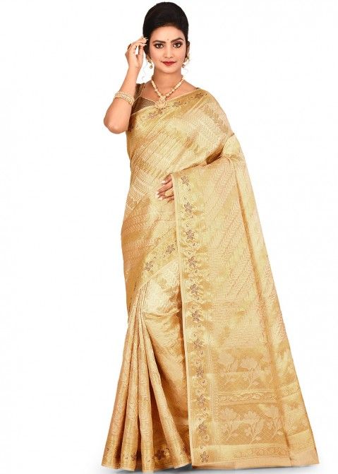 Golden Woven Pure Silk Saree Online USA With Blouse