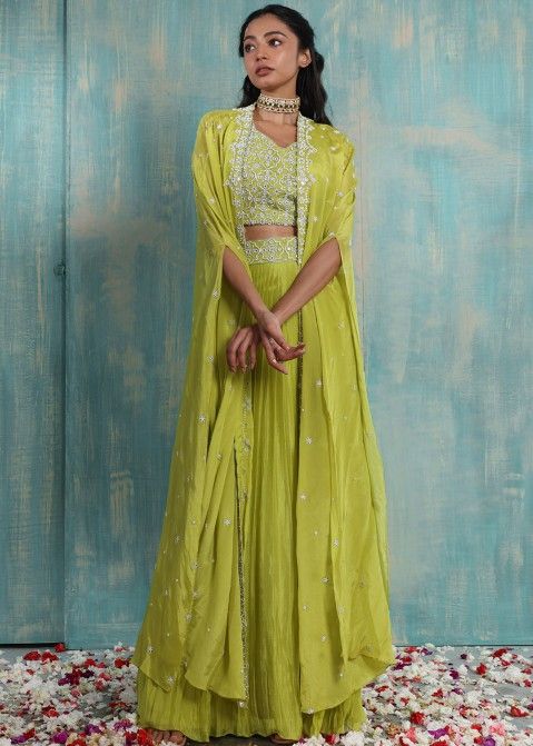 Embroidered Cape Lehenga Set | Mustard skirt, Indian skirt, Traditional  blouse designs
