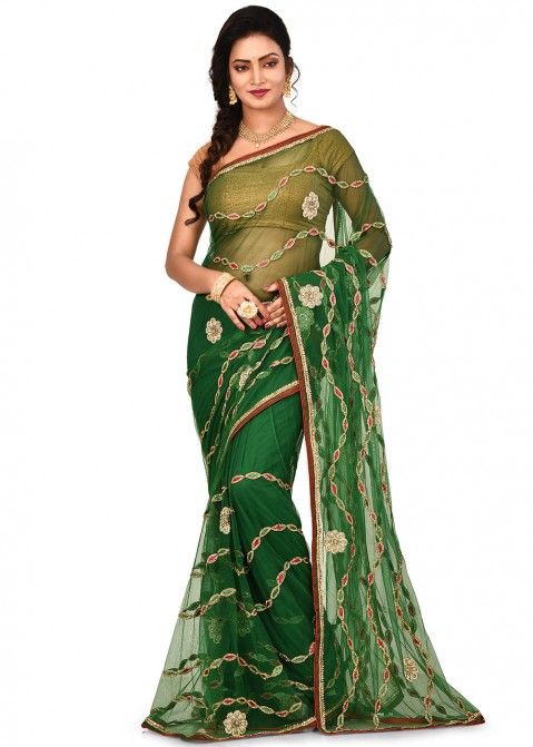 Green Embroidered Net Saree With Blouse
