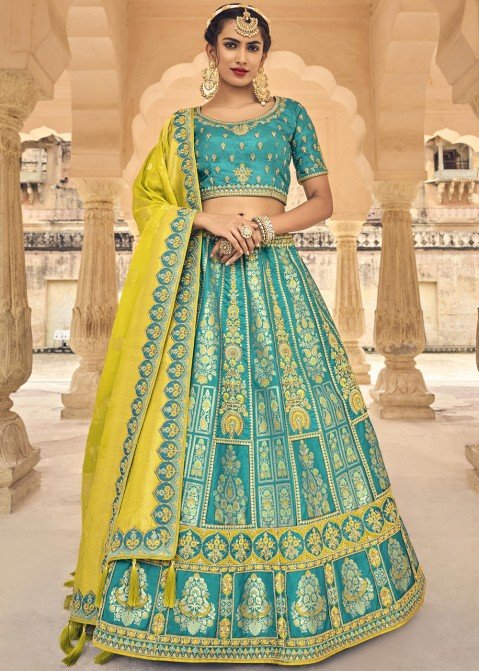 DRESSTIVE Navy Blue & Gold-Toned Embroidered Semi-Stitched Lehenga &  Unstitched Blouse With Dupatta - Absolutely Desi