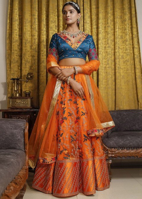 Ivory Embellished Raw Silk Lehenga Set With Orange Dupatta - Angad Singh-  Fabilicious Fashion
