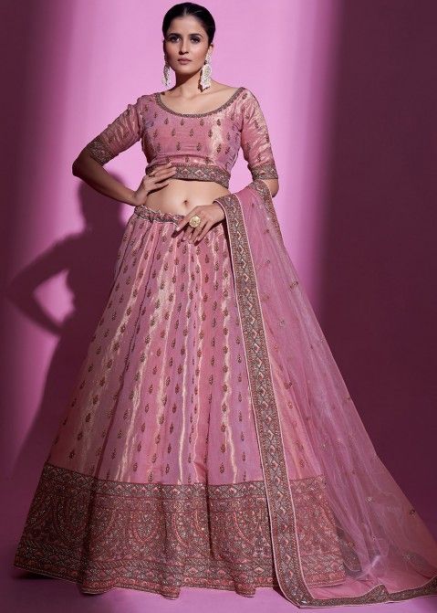 Pink Stone Work Embellished Lehenga Choli In Art Silk