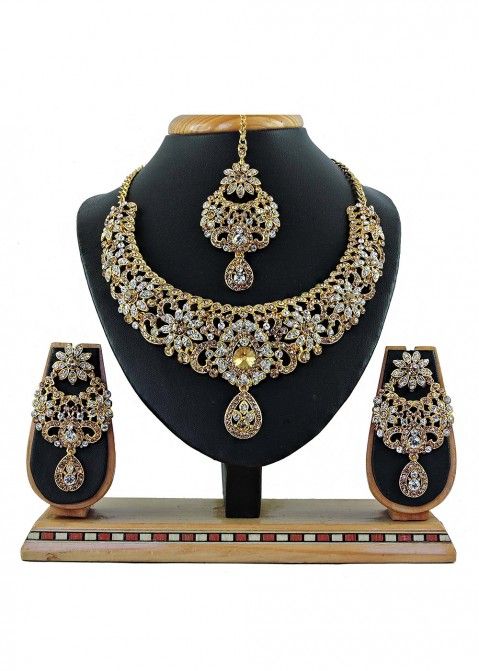Buy Stone Studded Golden Bridal Necklace Set Online Panash India USA