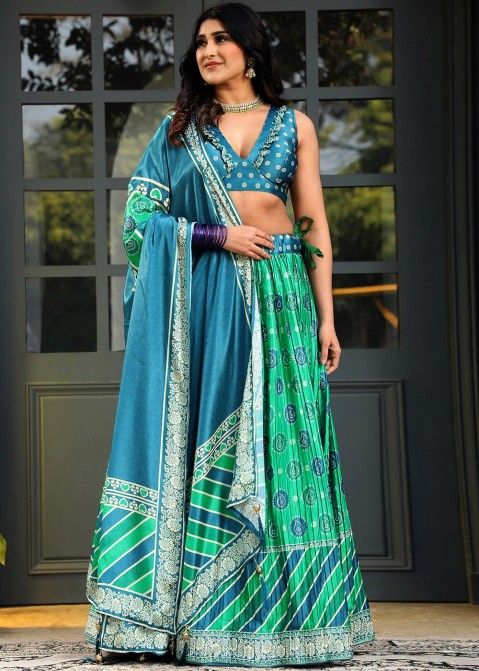 Rama Green Ruffle Lehenga Choli Lengha Chunri Skirt Top With Embroidery  Blouse | eBay