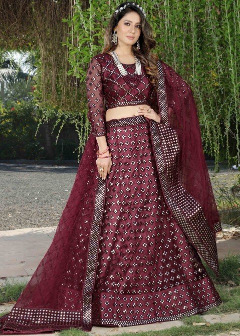 MAGENTA WINE LEHENGA SET WITH 'ABLA' AND THREAD WORK PAIRED WITH A MATCHING  DUPATTA AND SILVER AND GOLD EMBELLISHMENTS. - Seasons India