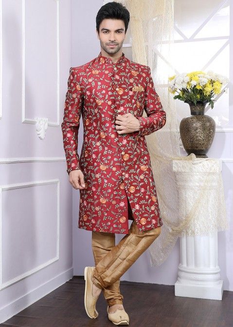 Buy Maroon Embroidered Indo Western Sherwani for Men Online USA