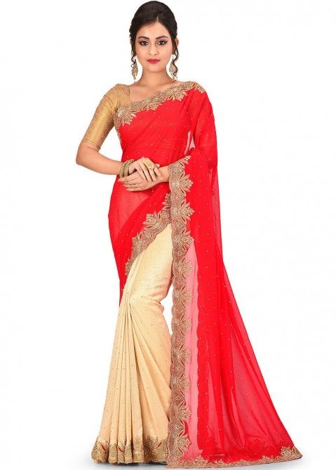 Red and Cream Heavy Border Blouse With Half Saree Online