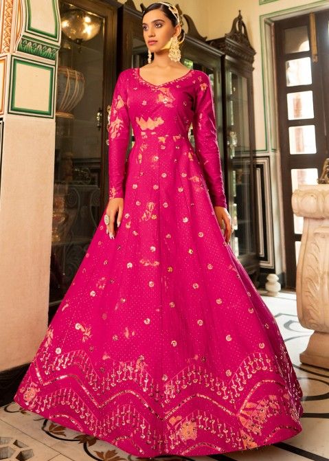 Readymade Pink Embroidered Flared Gown In Cotton