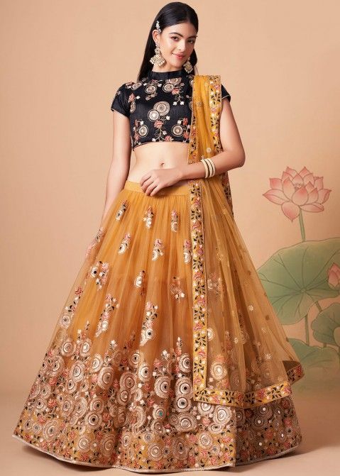 Buy HALFSAREE STUDIO Women Gold Embellished Banarasi Silk Semi-Stitched  Lehenga with Unstitched Blouse and Dupatta Online at Best Prices in India -  JioMart.