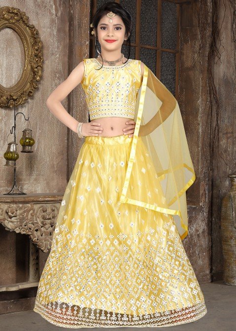 Canary Yellow Embroidered Lehenga Set For Girls Design by Pleats by Kaksha  - Kids at Pernia's Pop Up Shop 2024