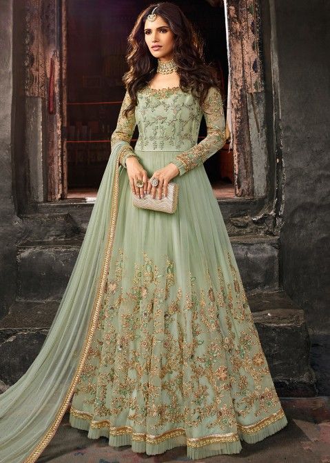 Sonam Bajwa Dark Green Color Georgette Fabric Attractive Festive Look Anarkali  Suit