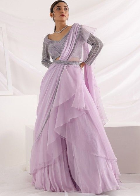 Purple Embroidered Lehenga Set With Attached Dupatta