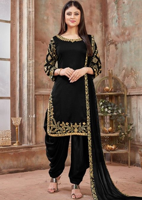 Black Art Silk Mirror Work Indian Punjabi Suit
