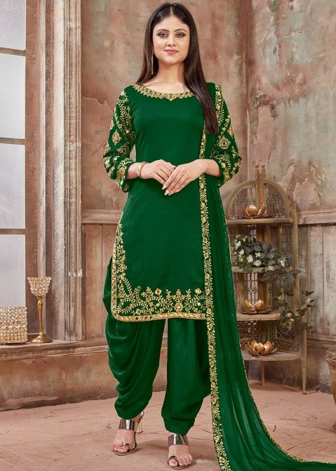 Buy Green Art Silk Mirror Work Punjabi Suit Online 