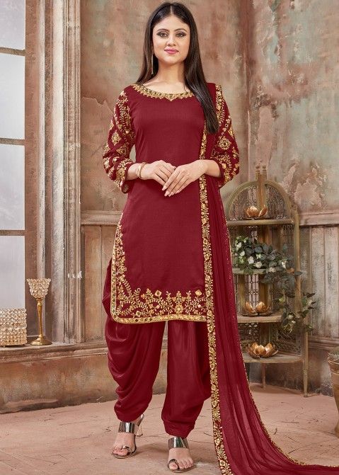 Maroon Art Silk Mirror Work Punjabi Suit Online Shopping