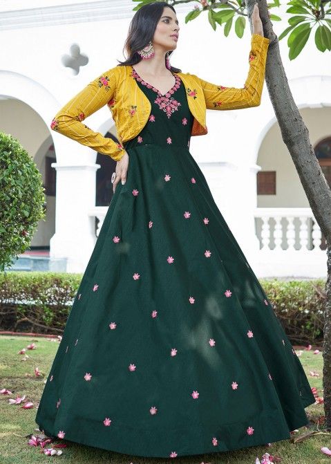 Green Sequins Embroidered Readymade Jacket Style Gown