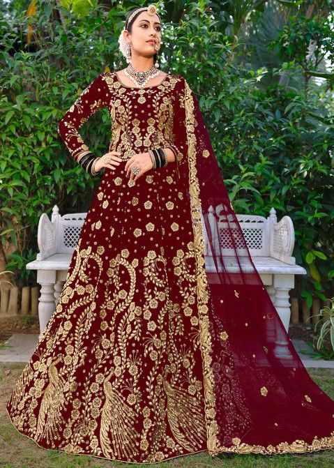 Maroon Designer Bridal Wear 9000 Markable Velvet Lehenga Choli – Fashionfy