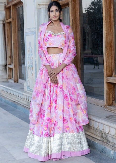 White & Pink Organza Satin Floral Printed Lehenga Set Design by Essay by  Sumedha Agrawal at Pernia's Pop Up Shop 2024