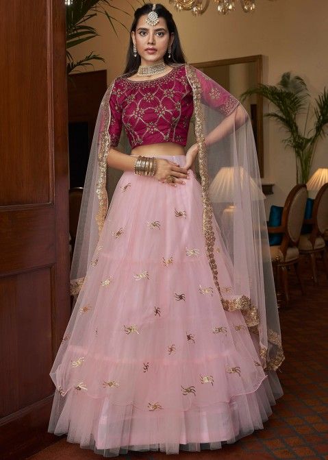 Cranberry Red Layered Lehenga with Embroidered Blouse – Issa Studio