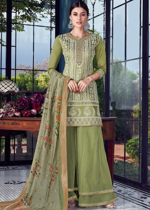 Green Embroidered Pakistani Pant Suit