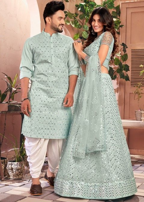 Blue Embroidered Readymade Couple Set In Net