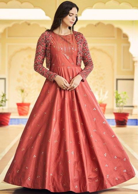 Peach Embroidered Readyamde Jacket Style Gown In Cotton