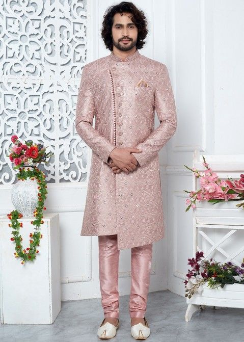 Pink Readymade Embroidered Mens Indowestern Sherwani In Art Silk