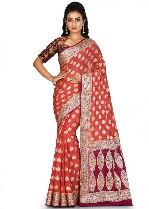 Buy Soch Womens Orange Ethnic Embroidery Georgette Saree with Unstitched  Blouse online