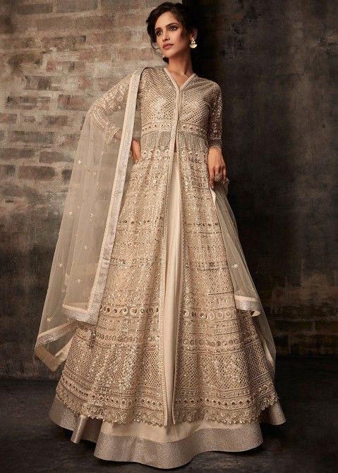 Peach And Grey Floral Anarkali Style Lehenga/Pant Suit
