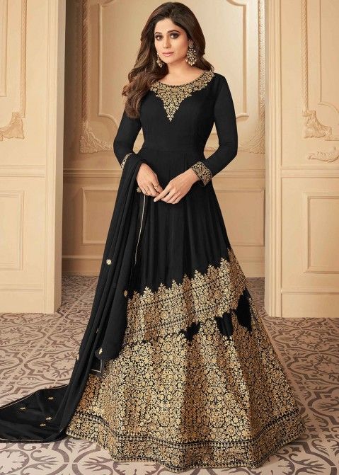 Shamita Shetty Black Embroidered Kurti Style Lehenga Online Panash India USA