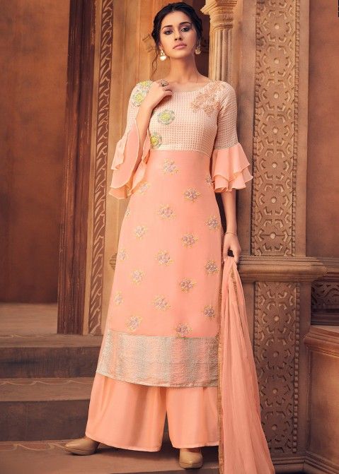 Peach Embroidered Bell Sleeved Palazzo Suit