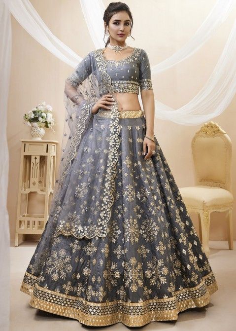 Buy Decent Wedding Wear Grey Net Thread Work Lehenga Choli 139171 Online