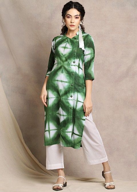 Green Tie Dye Printed Cotton Long Kurta Pant Set