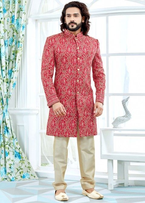 Buy Red Art Silk Readymade Mens Wedding Sherwani for Groom Online USA