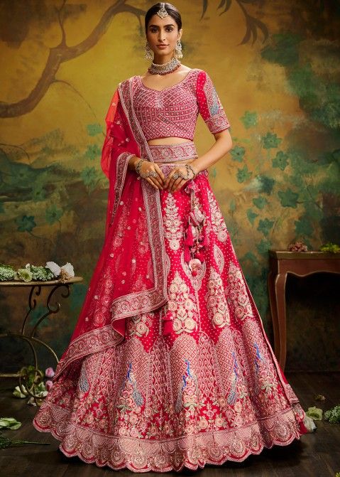 Red Stone Work Wedding Lehenga Choli In Silk Online Panash India USA 