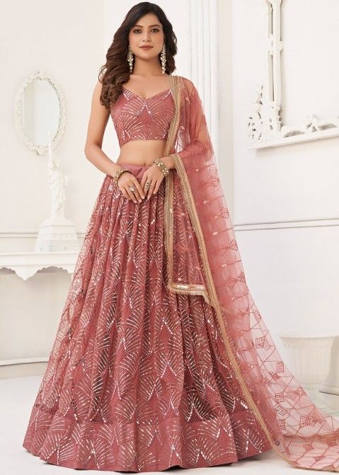 Buy Dusty Pink Sequins Georgette Lehenga Choli Online At Zeel Clothing