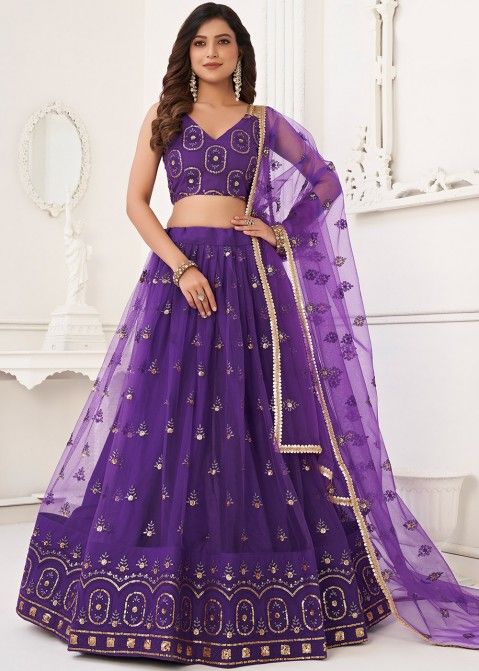Purple Color Net Fabric Wedding Wear Fancy Work Lehenga Choli