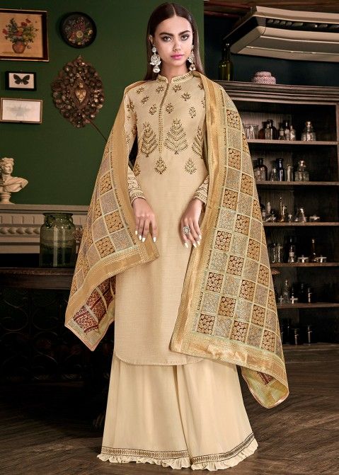 Golden Satin Embroidered Palazzo Suit