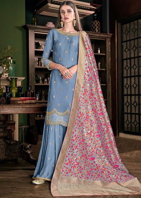 Indian Dresses - Buy Pastel Blue Embroidered Pakistani Sharara Suit Online